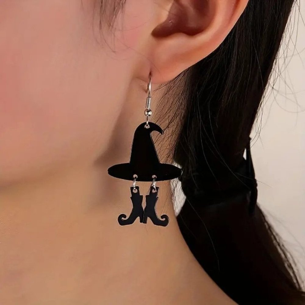 Witch's Black Hat Boots Earrings Dangling